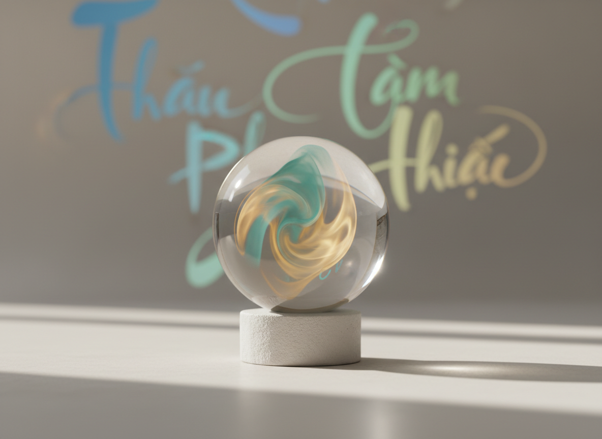 A smooth, translucent crystal sphere resting on a low, matte white stone pedestal, symbolizing inner essence and healing. The sphere contains subtle swirling gradients of soft teal and warm gold, suggesting energy in motion. It stands in a minimalist, bright studio space with a pale sand-colored floor and a blurred background of abstract flowing shapes that hint at both English and Vietnamese scripts without being legible. Soft morning daylight pours in from the left, creating gentle reflections on the sphere and long, calming shadows. Photographed at eye level with a shallow depth of field, the composition is centered and serene, embodying professional, transformative personal development in clean photographic realism.